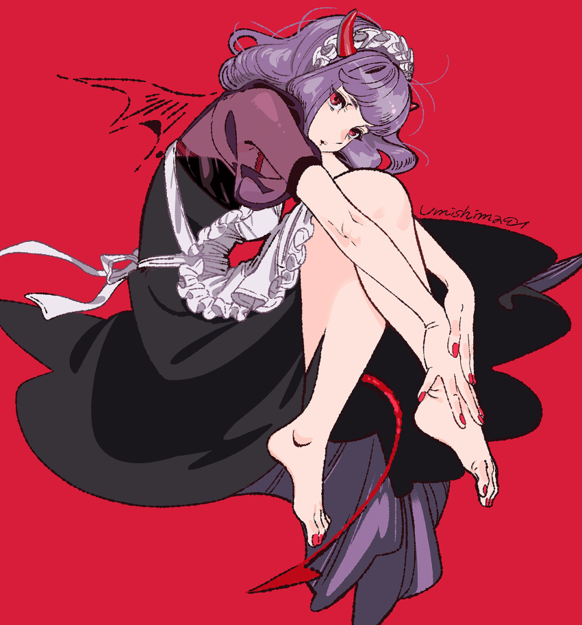 apron bangs barefoot black_dress blunt_bangs closed_mouth demon_girl demon_horns demon_tail demon_wings dress fingernails from_side highres horns looking_at_viewer looking_to_the_side maid maid_apron maid_headdress messy_hair nail_polish original pointy_ears purple_hair red_background red_nails signature simple_background solo tail toenail_polish toenails umishima_senbon white_apron wings