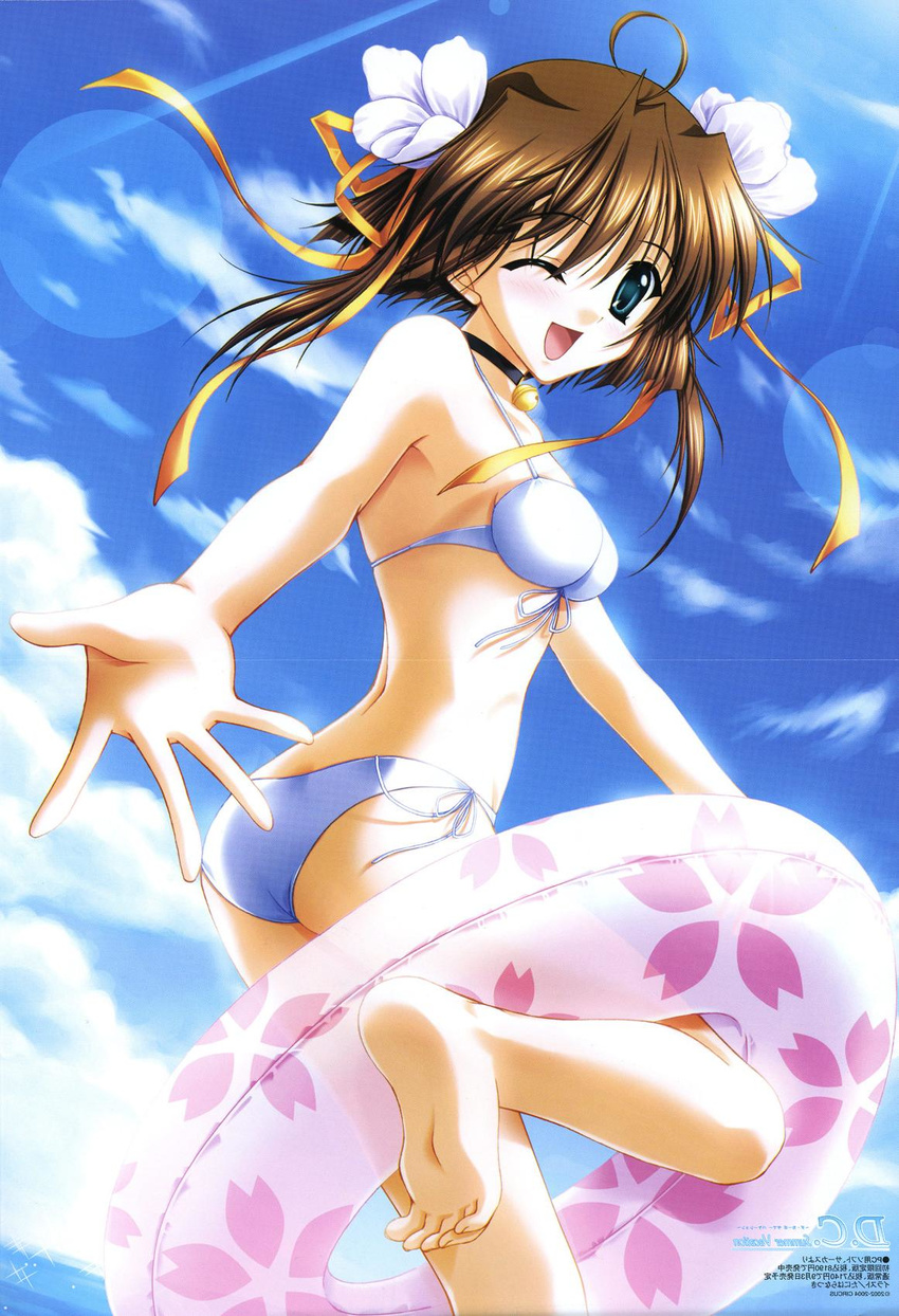 asakura_nemu ass barefoot bell bikini blue_eyes brown_hair crease da_capo da_capo_i day flower highres innertube nanao_naru one_eye_closed ribbon side-tie_bikini sky soles solo swimsuit toes