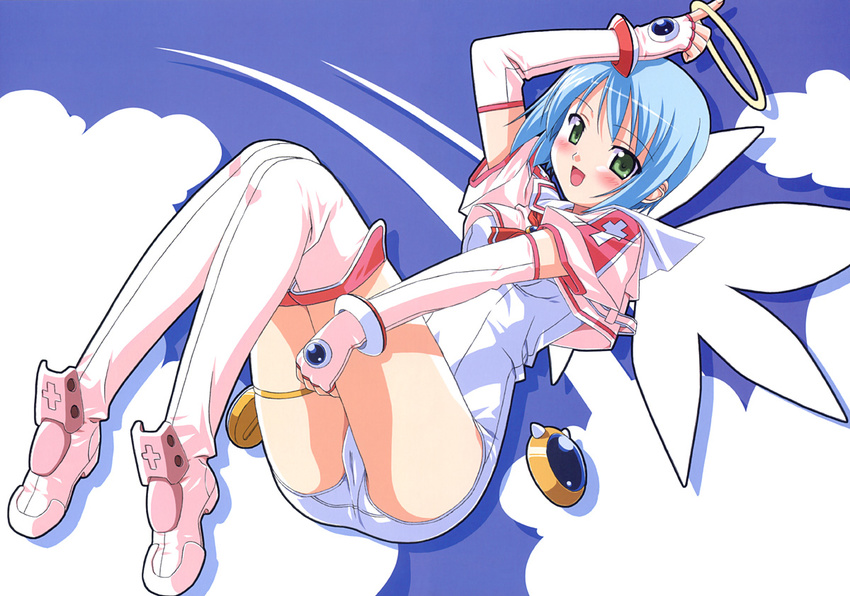 :d angel arm_up ass bangs blue_hair blush bob_cut boots bracelet breasts cameltoe cloud crop_top cross djibril_(makai_tenshi_djibril) dutch_angle elbow_gloves fingerless_gloves flying gem gloves green_eyes halo jewelry kuuchuu_yousai latin_cross leg_grab looking_at_viewer magical_girl makai_tenshi_djibril manabe_rika necktie official_art one-piece_swimsuit open_mouth outdoors pink_footwear pink_legwear pointing reclining sailor_collar school_swimsuit shadow short_hair sky small_breasts smile solo swimsuit swimsuit_costume swimsuit_under_clothes thigh_boots thigh_strap thighhighs thighs white_school_swimsuit white_swimsuit wings