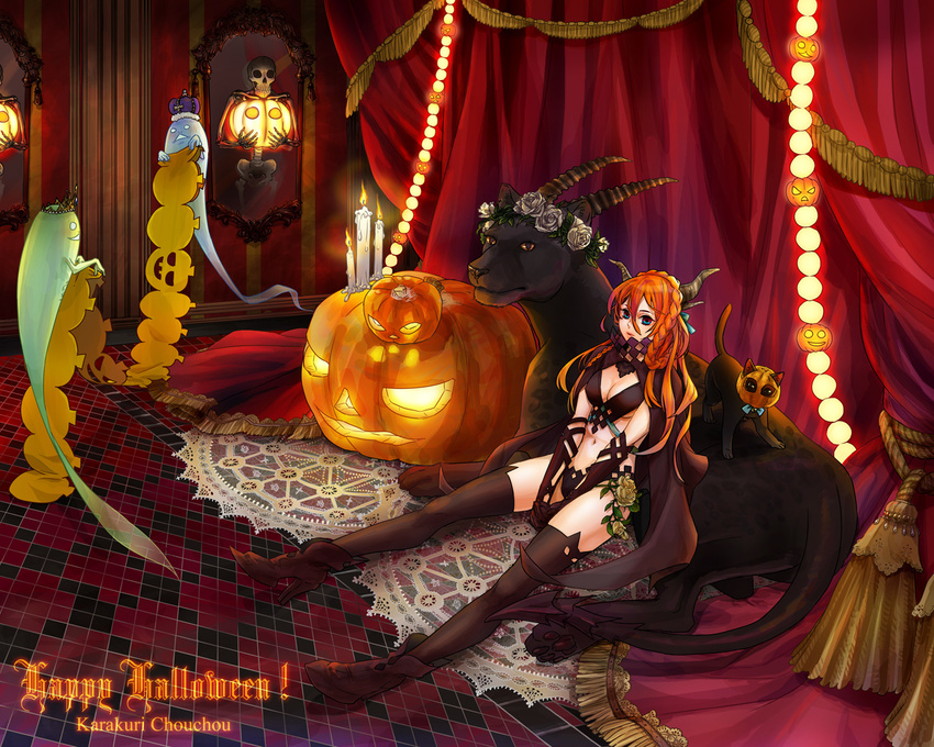 braid candle cape cat ghost halloween happy_halloween horns jack-o'-lantern koaki original pumpkin solo thighhighs