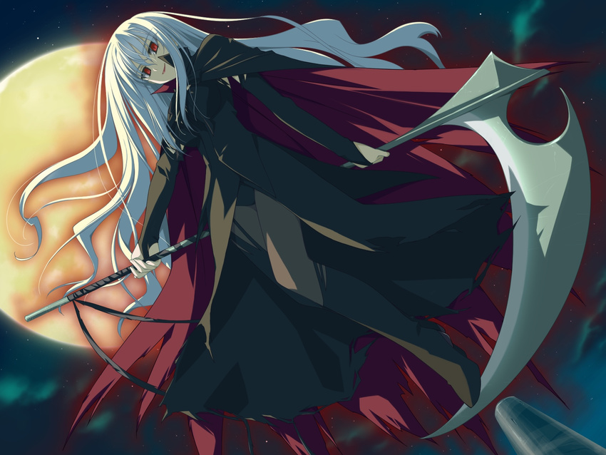 artist_request cape character_request highres long_hair moon scythe smile solo wiz_anniversary