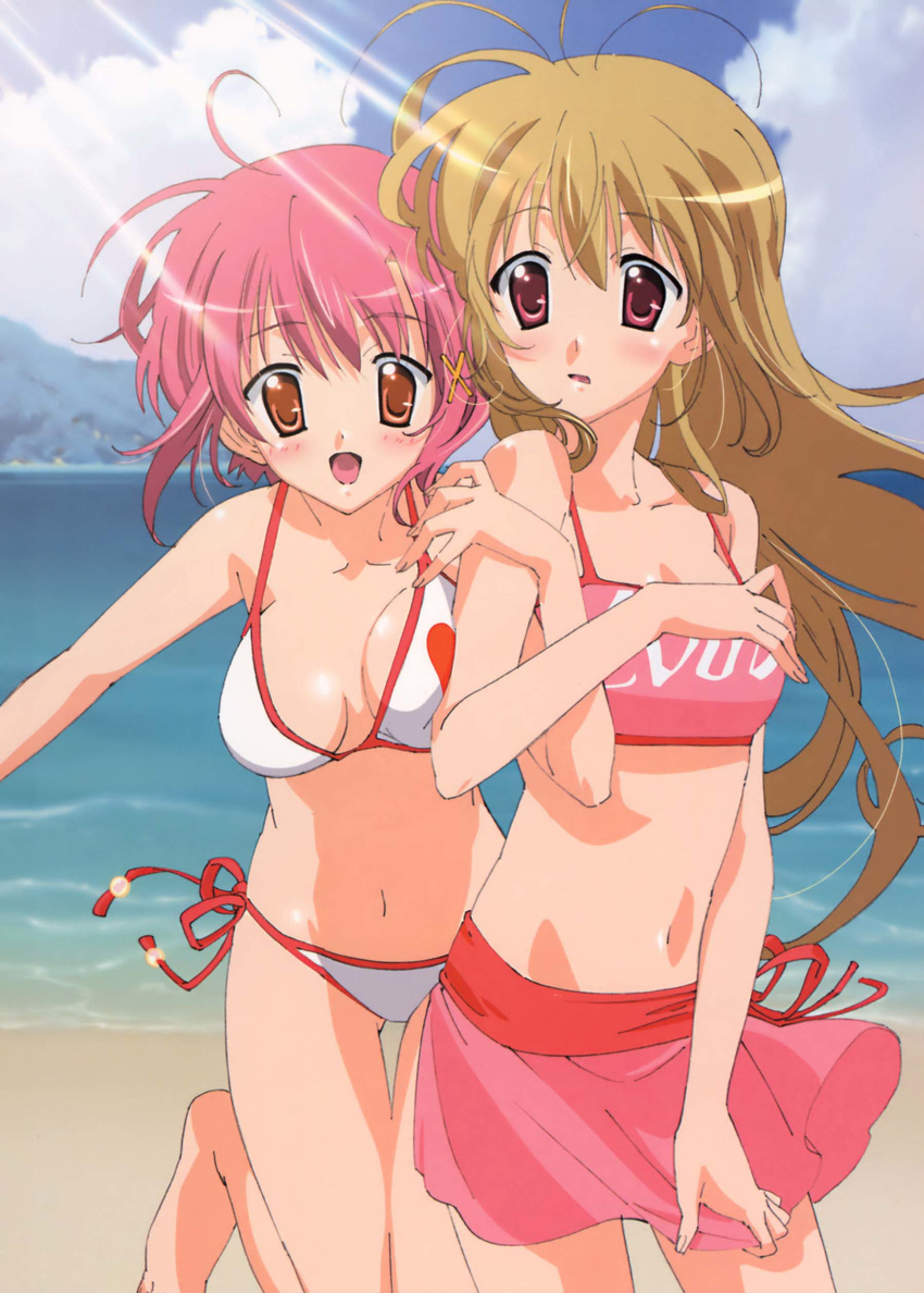 1girl absurdres beach bikini blush breasts brown_hair cloud day eyebrows_visible_through_hair highres medium_breasts mikado_mariya miyanokouji_mizuho otoko_no_ko otome_wa_boku_ni_koishiteru outdoors pink_hair shimazawa_noriko side-tie_bikini sky smile swimsuit water