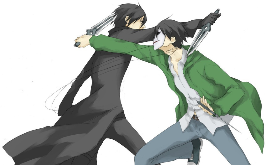 1boy belt black_gloves black_hair darker_than_black denim dual_persona dual_wielding gloves green_jacket hei hood hoodie jacket jeans knife male_focus mask multiple_persona pants shirt solo thigh_strap trench_coat white_shirt wire