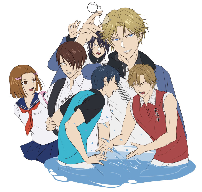 1girl 5boys aqua_shirt arms_behind_back atobe_keigo black_hair black_sleeves blonde_hair blue_eyes blue_hair blue_jacket blue_sailor_collar blue_skirt blush breasts brown_eyes brown_hair clenched_teeth closed_eyes collared_shirt hair_ornament hair_over_one_eye heart heart_hair_ornament highres holding holding_removed_eyewear igusaharu jacket kamio_akira kisarazu_atsushi laughing medium_breasts mole mole_under_eye multiple_boys necktie open_mouth oshitari_yuushi outstretched_hand parted_bangs parted_lips partially_submerged pleated_skirt red_necktie red_shirt sailor_collar school_uniform shirt short_hair skirt smile splashing sweatdrop tachibana_an teeth tennis_no_ouji-sama tezuka_kunimitsu unworn_eyewear upper_body