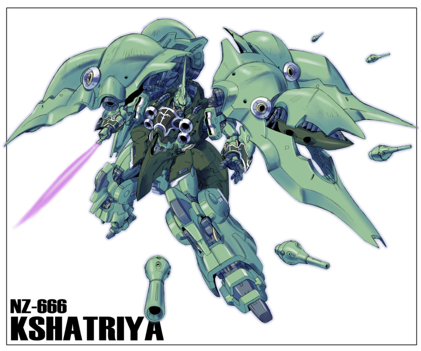 beam_cannon cable character_name chest_cannon commentary energy_sword funnels_(gundam) gundam gundam_unicorn kshatriya machinery mecha mecha_focus mobile_suit neo_zeon no_humans one-eyed robot s.shimizu science_fiction sword weapon white_background