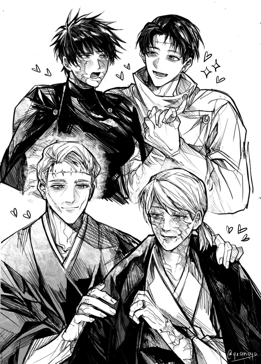 1boy 1girl age_progression aged_up closed_mouth commentary couple english_commentary greyscale heart height_difference hetero highres holding_hands japanese_clothes jujutsu_kaisen jujutsu_tech_uniform kimono long_hair looking_at_another lower_teeth_only monochrome okkotsu_yuuta old old_man old_woman open_mouth qeanoya scar scar_on_face short_hair simple_background smile spoilers teeth zen'in_maki