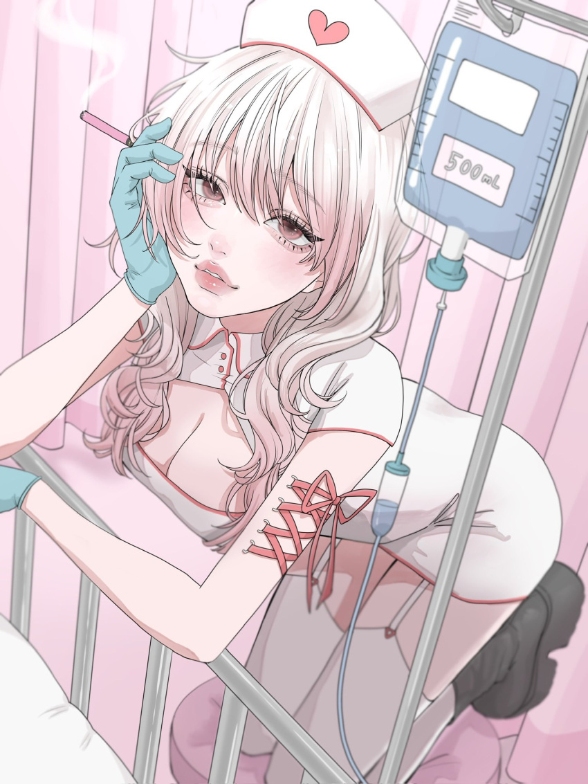 1girl aegyo_sal aqua_gloves arm_piercing bed black_boots blurry boots breasts chair cigarette cleavage_cutout clothing_cutout collared_dress colored_tips corset_piercing curtains depth_of_field dress eyelashes full_body garter_belt gloves gradient_hair hat head_rest highres hospital_bed indoors iv_stand kneeling light_blush long_hair looking_at_viewer medium_breasts multicolored_hair nurse nurse_cap on_chair original parted_lips pink_hair platform_boots red_trim round_collar short_dress short_sleeves smoke tamori_(tamori_www) thick_lips thighhighs two-tone_hair wavy_hair white_dress white_garter_belt white_hair white_thighhighs