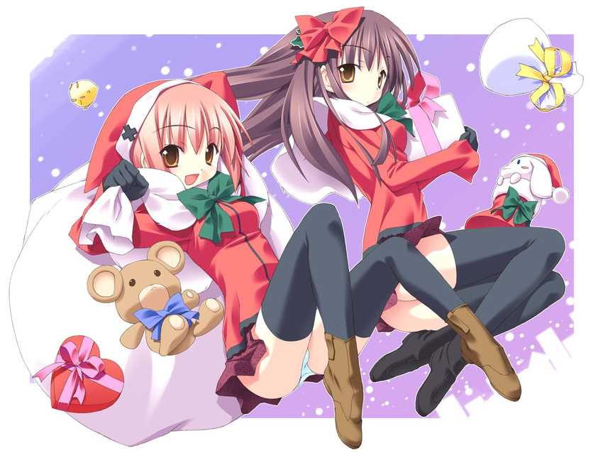 1600x1200 2girls ass bag black_legwear black_thighhighs bow brown_eyes christmas gift gloves hair_bow hat highres kannagi_rei multiple_girls panchira_sit panties pantyshot pantyshot_(sitting) pantyshot_sitting pink_hair present purple_hair ribbon ribbons sack santa_costume short_hair sitting skirt snow snowing stuffed_animal stuffed_toy teddy_bear thighhighs underwear wallpaper white_panties yellow_eyes zettai_ryouiki