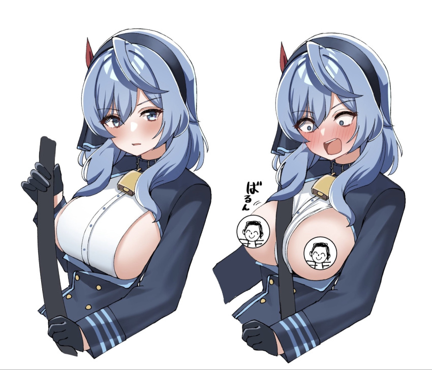1girl accidental_exposure ako_(blue_archive) bell black_gloves black_hairband black_ribbon blue_archive blue_eyes blue_hair blue_jacket blush breasts breasts_out buttons censored commentary_request constricted_pupils cowbell doodle_sensei_(blue_archive) double-breasted embarrassed eyes_visible_through_hair gloves hair_between_eyes hair_ribbon hairband hand_up highres jacket large_breasts long_sleeves looking_at_viewer looking_down medium_hair motion_lines multiple_views neck_bell no_bra nose_blush novelty_censor open_mouth ribbon seatbelt sensei_(blue_archive) shirt sideboob sideless_shirt sound_effects teeth tft_(tft7822) tsurime upper_body upper_teeth_only v-shaped_eyebrows white_shirt wide-eyed