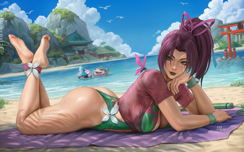 2girls ass beach beach_towel bird blue_eyes blue_hair blue_sky breasts bug cloud day full_body green_one-piece_swimsuit hair_intakes high_ponytail jeff_the_land_shark large_breasts luna_snow luna_snow_(cool_summer) lying marvel marvel_rivals multicolored_hair multiple_girls official_alternate_costume on_stomach one-piece_swimsuit outdoors ponytail psylocke psylocke_(breezy_butterfly) purple_hair purple_lips purple_shirt sand sciamano240 seagull shirt sky solo_focus split-color_hair swimsuit temple torii towel water white_hair x-men
