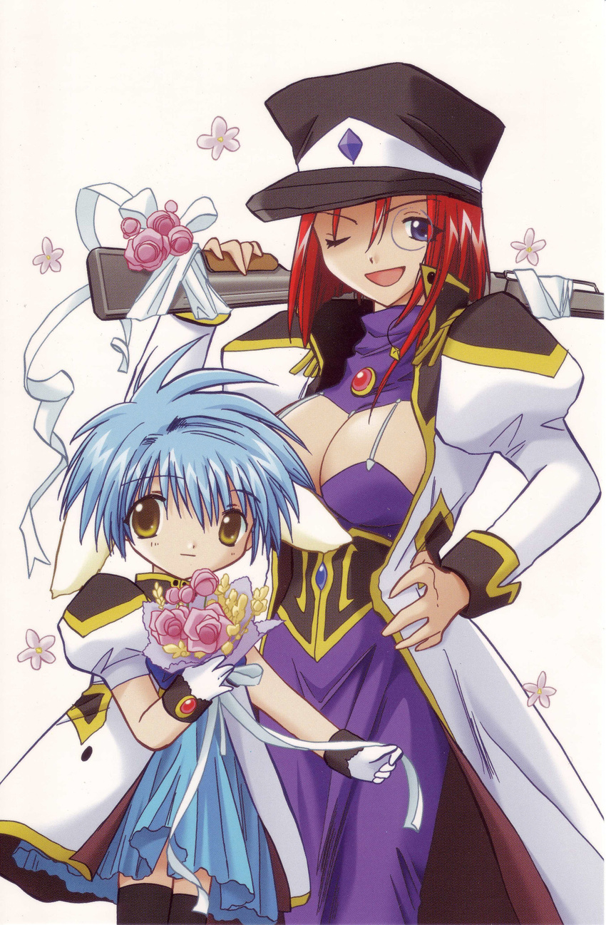 2girls absurdres bad_hands blancmanche_mint blue_eyes blue_hair breasts brown_eyes cleavage cleavage_cutout forte_stollen galaxy_angel gun highres large_breasts looking_at_viewer mint_blancmanche monocle multiple_girls no_bra one_eye_closed open_mouth red_hair short_hair simple_background stollen_forte weapon white_background wink
