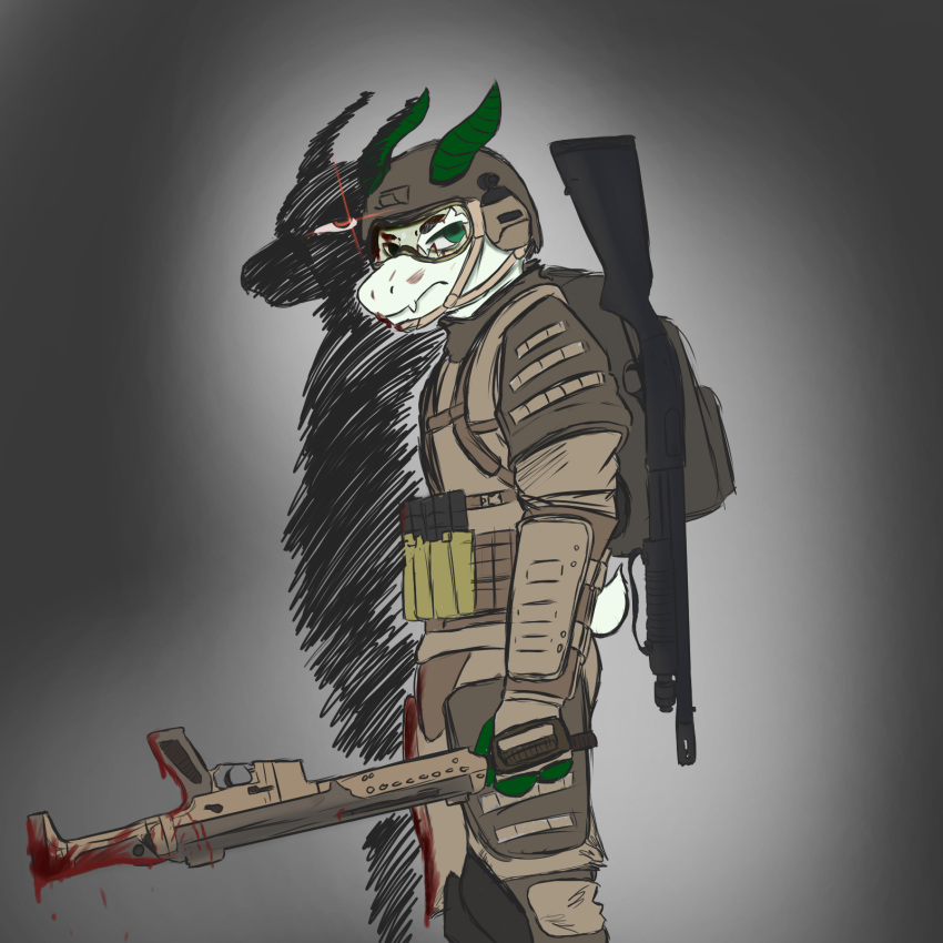anthro armor blood blood_on_clothing blood_on_face blood_on_visor blood_on_weapon bodily_fluids body_armor boss_monster_(undertale) bovid broken_glass caprine clothing eye_glint fingers fur glass green_eyes green_hooves green_horn gun headgear helmet hi_res hooved_fingers hooves horn implied_killing improper_gun_handling looking_at_viewer male mammal military_uniform nick_the_goat ranged_weapon red_eyes rifle shadow shotgun solo templar_ponyboy uniform visor weapon white_body white_fur