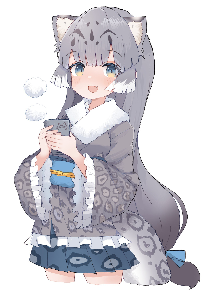 1girl absurdres animal_print belt blue_belt blue_eyes blue_skirt blush cowboy_shot cup extra_ears fang frilled_sleeves frills fur_collar gradient_eyes grey_hair grey_kimono hair_between_eyes highres japanese_clothes kemono_friends kimono leopard_print long_hair long_sleeves multicolored_eyes multicolored_hair obi open_mouth pleated_skirt print_kimono print_skirt sash short_kimono sidelocks skirt smile snow_leopard_(kemono_friends) snow_leopard_ears snow_leopard_girl snow_leopard_tail solo steam two-tone_hair vulpesgentiana white_fur white_hair