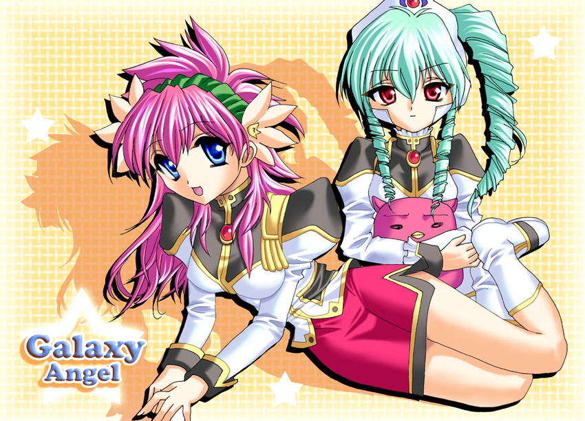 blue_eyes copyright_name galaxy_angel green_hair huge_penis milfeulle_sakuraba multiple_girls normad open_mouth penis pink_hair red_eyes sakuraba_milfeulle smile vanilla vanilla_h