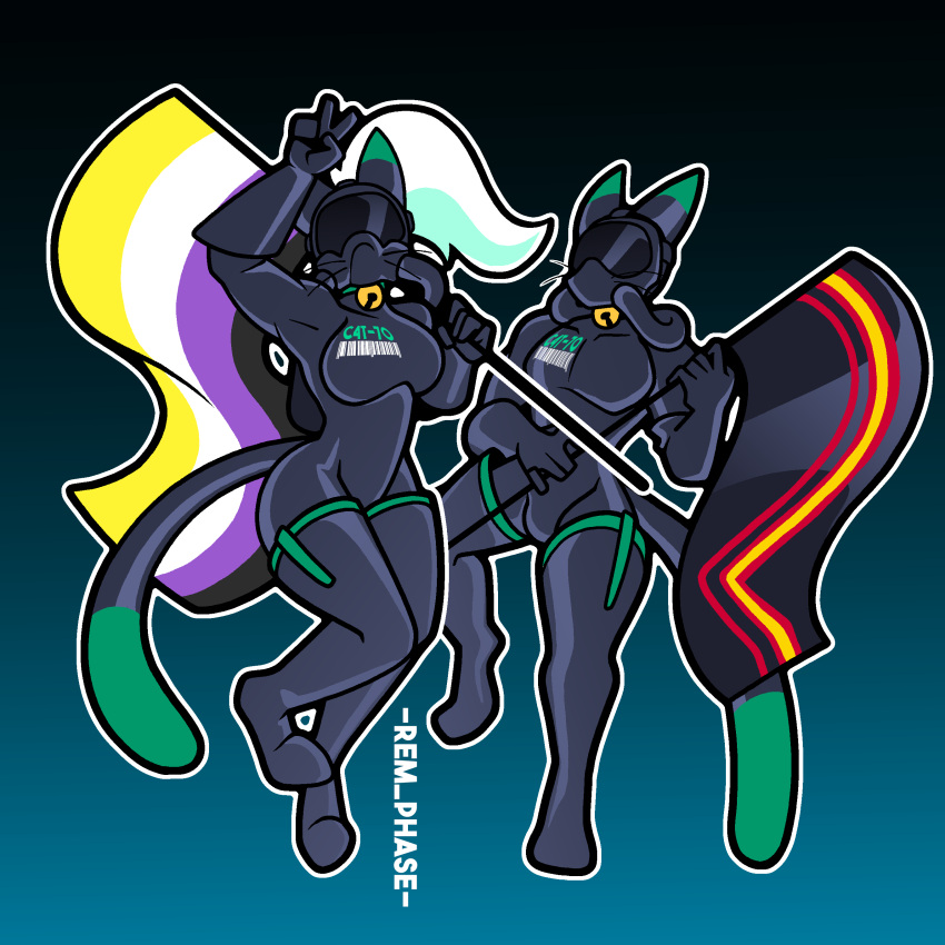 2025 absurd_res anthro bell black_bodysuit black_clothing black_gloves black_handwear black_latex black_legwear black_skinsuit black_thigh_boots black_thigh_highs bodysuit boots breasts clothing duo felid feline female flag flag_(object) footwear gas_mask gesture gloves hand_gesture handwear hi_res holding_flag holding_object jingle_bell latex latex_bodysuit latex_boots latex_clothing latex_footwear latex_gloves latex_handwear latex_legwear latex_skinsuit latex_thigh_boots latex_thigh_highs legwear lgbt_pride male mammal mask nonbinary_pride_colors pride_colors rem_phase rubber_pride_colors shoes skinsuit tail thigh_boots thigh_highs tight_clothing v_sign wearing_mask whiskers