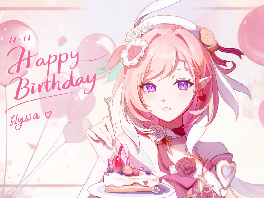 1girl balloon beret breasts cake_stand character_name commentary_request diamond-shaped_pupils diamond_(shape) dress earrings elf elysia_(herrscher_of_human:_ego)_(honkai_impact) elysia_(honkai_impact) food fruit happy_birthday hat heart heart_earrings heli_(jnkz7354) highres honkai_(series) honkai_impact_3rd jewelry large_breasts long_hair looking_at_viewer parted_lips pink_hair pointy_ears purple_eyes red_dress solo strawberry symbol-shaped_pupils upper_body very_long_hair
