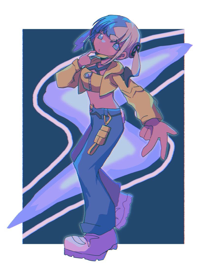 1girl absurdres aqua_hair bandeau belt black_belt black_mask black_pants blonde_hair blue_eyes blue_pants breasts canari_(pokemon) criss-cross_straps dark-skinned_female dark_skin highres jacket long_sleeves mask mask_pull mega_stone mouth_mask multicolored_hair navel pants pokemon pokemon_legends:_z-a saltmusubi_12 short_twintails solo split-color_hair sports_bra twintails two-tone_hair two-tone_mask two-tone_pants yellow_bandeau yellow_jacket yellow_mask yellow_sports_bra