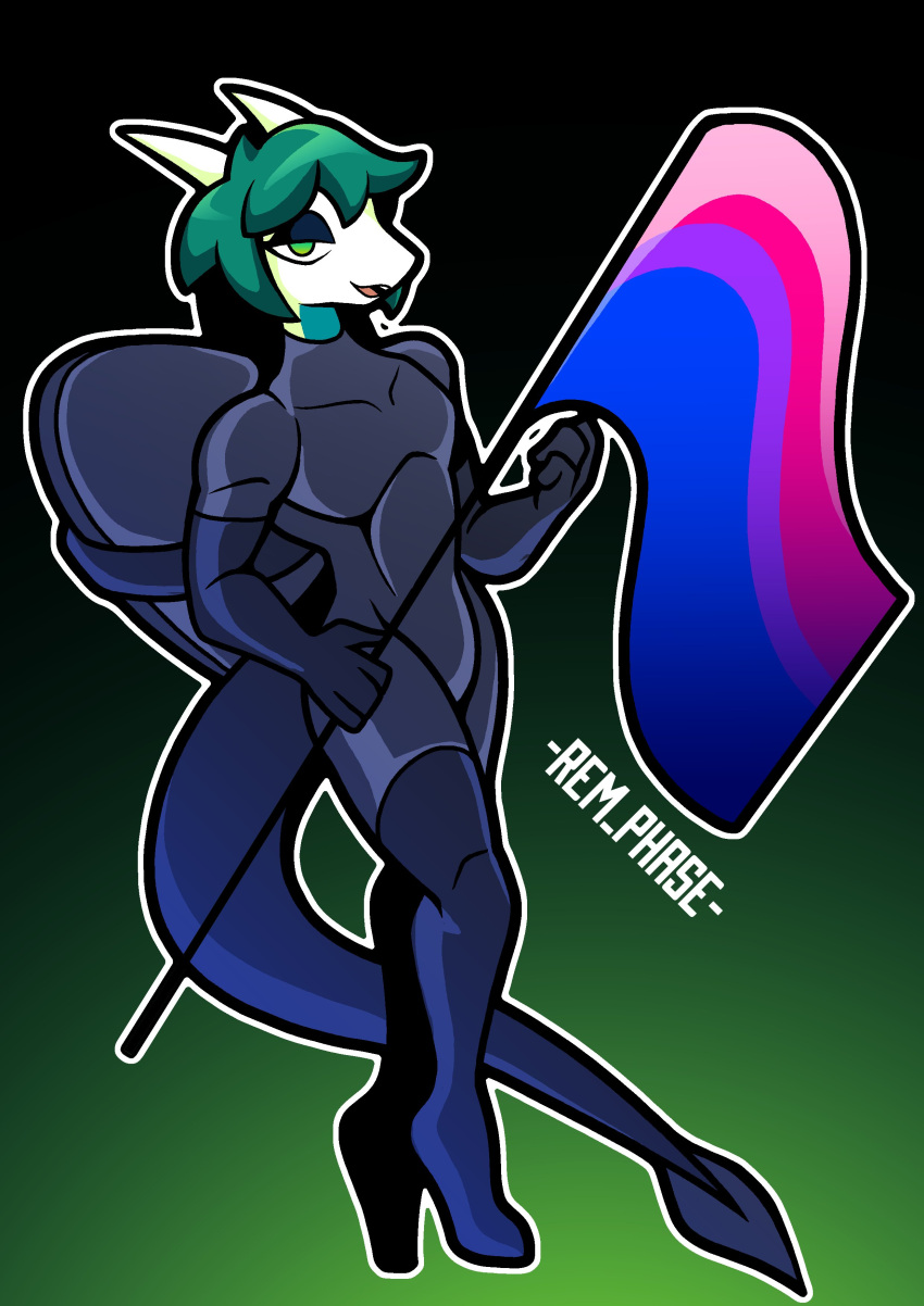 2025 2_horns absurd_res anthro armwear bedroom_eyes bisexual_pride_colors black_armwear black_bodysuit black_clothing black_elbow_gloves black_gloves black_handwear black_latex black_legwear black_skinsuit black_thigh_highs bodysuit clothed clothed_anthro clothed_male clothing dragon elbow_gloves flag flag_(object) gloves green_eyes green_hair hair handwear hi_res holding_flag holding_object horn latex latex_armwear latex_bodysuit latex_clothing latex_elbow_gloves latex_gloves latex_handwear latex_legwear latex_skinsuit latex_thigh_highs legwear lgbt_pride looking_at_viewer male mythological_creature mythological_scalie mythology narrowed_eyes pride_colors rem_phase scalie seductive skinsuit solo tail thigh_highs tight_clothing wings_tied