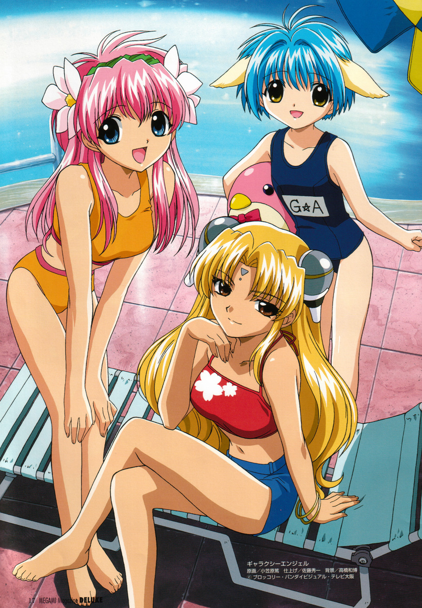 barefoot blancmanche_mint blonde_hair blue_eyes blue_hair brown_eyes feet franboise_ranpha galaxy_angel highres milfeulle_sakuraba mint_blancmanche pink_hair ranpha_franboise sakuraba_milfeulle school_swimsuit swimsuit