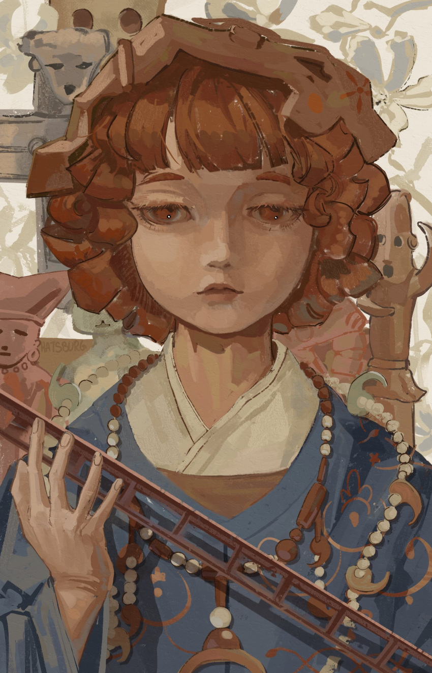 1other adapted_costume androgynous bead_necklace beads blue_kimono blunt_bangs brown_helmet curly_hair expressionless fingernails floral_background flower half-closed_eyes haniwa_(statue) hatsburg helmet highres holding holding_sword holding_weapon japanese_clothes jewelry katano_sukune kimono layered_kimono len'en long_sleeves looking_ahead magatama magatama_necklace necklace other_focus print_kimono realistic red_eyes red_hair short_hair solo straight-on sword sword_of_kusanagi tasouken thick_eyebrows upper_body weapon white_background white_flower white_kimono wide_sleeves