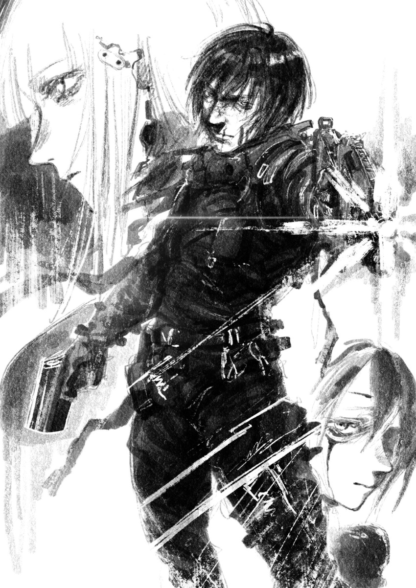 1boy 2girls belt blame! bodysuit character_request closed_mouth commentary cowboy_shot crying dual_wielding firing graviton_beam_emitter gun hair_between_eyes handgun high_contrast highres holding holding_gun holding_weapon killy looking_at_viewer male_focus mn90047517 multiple_belts multiple_girls nose scar scar_on_cheek scar_on_face scar_on_mouth sketch standing turning_head weapon white_background