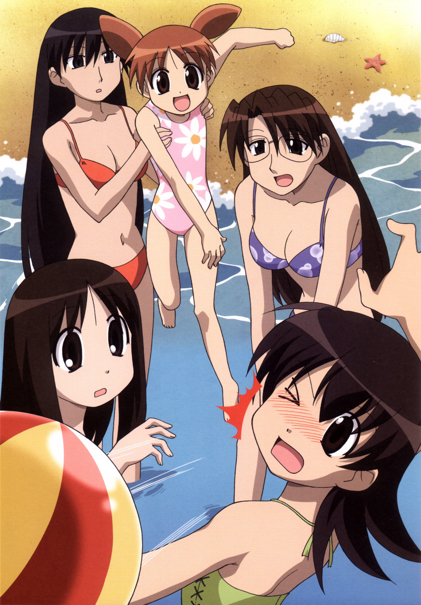 azumanga_daiou brown_eyes brown_hair child glasses highres kasuga_ayumu mihama_chiyo mizuhara_koyomi red_hair sakaki swimsuit takino_tomo