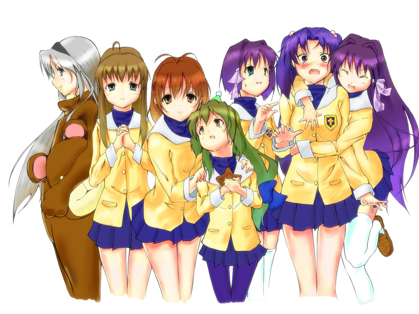 animal_costume bear_costume clannad colorized foge fujibayashi_kyou fujibayashi_ryou furukawa_nagisa highres hikarizaka_private_high_school_uniform hug ibuki_fuuko ichi_ichi ichinose_kotomi miyazawa_yukine multiple_girls pantyhose sakagami_tomoyo school_uniform siblings sisters starfish thighhighs twins