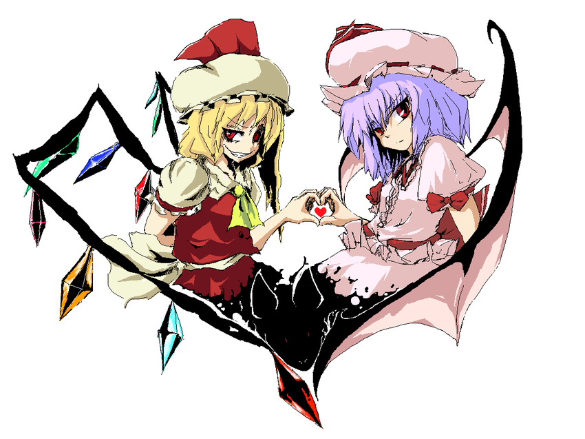 bat bat_wings blonde_hair bow coo crazy_eyes evil_grin evil_smile flandre_scarlet grin hat heart heart_hands heart_hands_duo heart_wings heart_wings_duo multiple_girls oekaki purple_hair red_hair remilia_scarlet short_hair siblings sisters smile symmetrical_hand_pose touhou wings