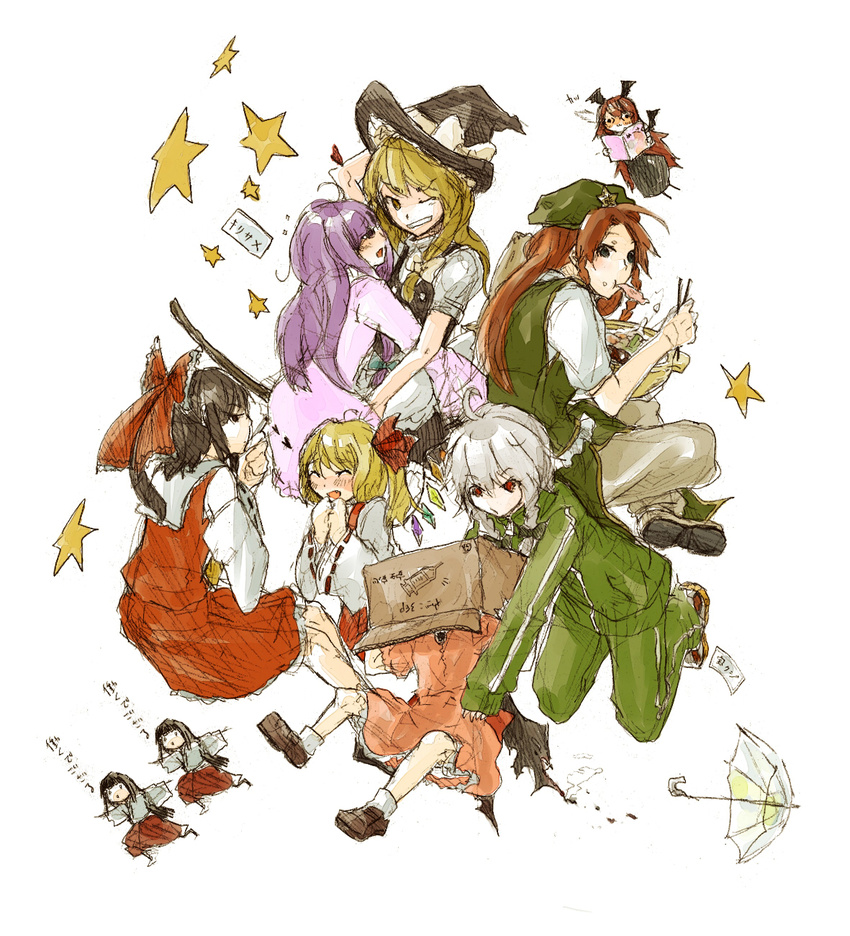 6+girls :3 alternate_costume bad_id bad_pixiv_id bat_wings blonde_hair box contemporary cosplay flandre_scarlet flying gym_uniform hakurei_reimu hakurei_reimu_(cosplay) head_wings highres hong_meiling hug izayoi_sakuya kirisame_marisa koakuma kurau_kii multiple_girls patchouli_knowledge remilia_scarlet touhou wings