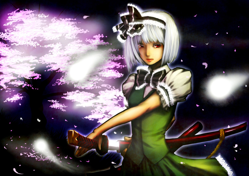 bad_id bad_pixiv_id black_hairband ghost hairband katana kizemoto konpaku_youmu red_eyes sheath short_hair silver_hair solo sword touhou unsheathing weapon