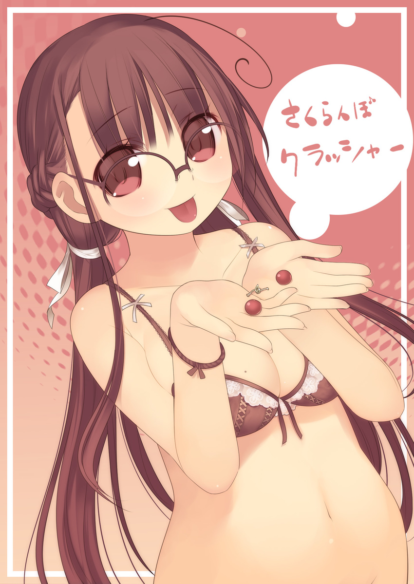 :p ahoge arima_senne bound bra breasts brown_hair cherry cherry_stem_knot food fruit glasses highres holding holding_food holding_fruit kashiwamochi_yomogi lace lace-trimmed_bra lingerie long_hair medium_breasts mole mole_on_breast navel no_panties original solo tied_up tongue tongue_out translated twintails underwear