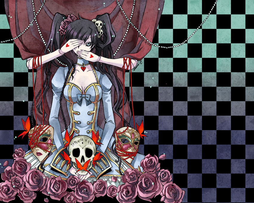 alice_caroll black_hair butterfly dress flowers grey_eyes hand_over_eye hand_over_mouth long_hair mask ribbons twintails x-down
