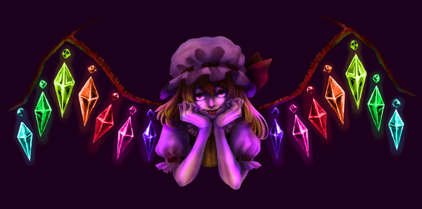 :p bad_id bad_pixiv_id crystal fangs flandre_scarlet glowing hat looking_at_viewer puffy_sleeves purple_background short_sleeves tongue tongue_out touhou wanko_(freelife) wings
