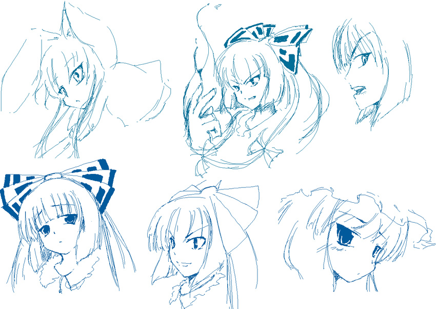 animal_ears bangs blue blunt_bangs bow bunny_ears coo fire fujiwara_no_mokou hair_bow hat monochrome multiple_girls oekaki open_mouth patchouli_knowledge profile reisen_udongein_inaba sad simple_background sketch smirk touhou white_background