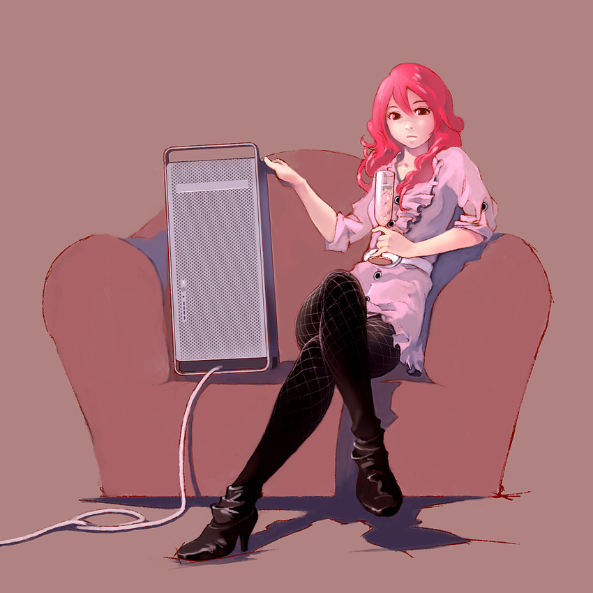 alcohol apple_inc. boots champagne computer couch crossed_legs dress fishnet_pantyhose fishnets frills glass high_heels highres leaning legs long_hair macintosh original pantyhose pc_personification pomodorosa red_eyes red_hair shoes sitting skirt sleeves_rolled_up solo wavy_hair