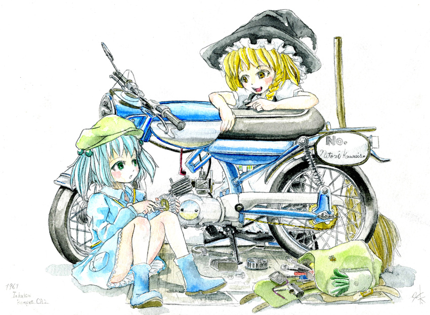 backpack bag blonde_hair blue_hair braid green_eyes ground_vehicle hair_bobbles hair_ornament hat highres kawashiro_nitori key kirisame_marisa master_(4th) motor_vehicle motorcycle multiple_girls short_hair touhou traditional_media twintails two_side_up watercolor_(medium) witch_hat yellow_eyes