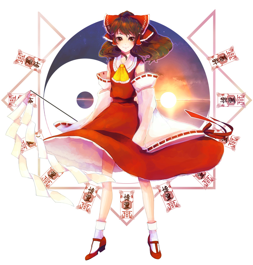 absurdres bow brown_hair detached_sleeves gohei hair_bow hakurei_reimu highres japanese_clothes kyachi long_hair ofuda ribbon solo touhou yin_yang