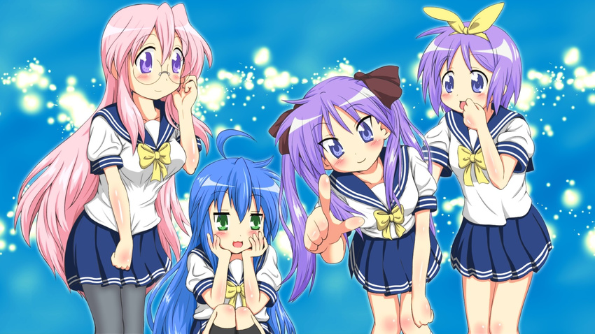 ahoge anison black_legwear blue_eyes blue_hair bow collarbone foreshortening glasses green_eyes hair_bow hair_ribbon highres hiiragi_kagami hiiragi_tsukasa izumi_konata kneehighs knees_touching long_hair lucky_star mole mole_under_eye multiple_girls pantyhose pink_hair pleated_skirt pointing purple_eyes purple_hair ribbon ryouou_school_uniform school_uniform serafuku short_hair skirt smile socks takara_miyuki tareme thighhighs tsurime twintails yellow_bow yellow_neckwear