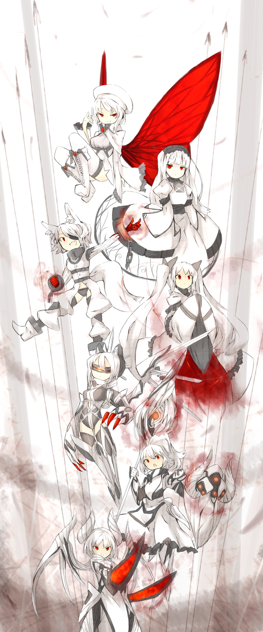 absurdres albino animal_ears bad_id bad_pixiv_id blindfold copyright_request cuffs dress dual_wielding eyepatch fox_ears fox_tail ganesagi hat highres holding horns long_hair multiple_girls ponytail red_eyes shield staff sword tail thighhighs twintails weapon wings