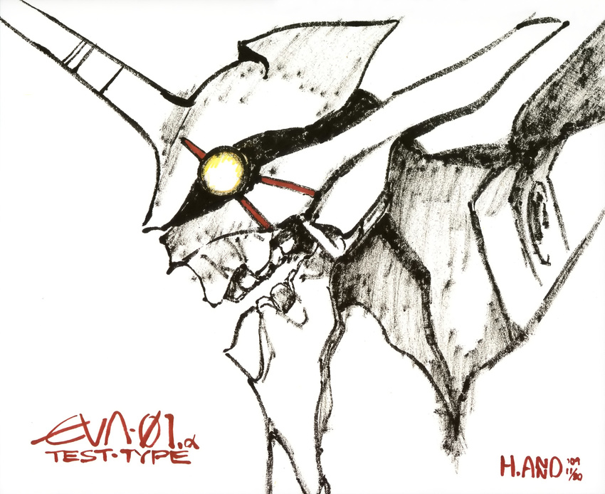 anno_hideaki eva_01 glowing glowing_eyes highres horn mecha monochrome neon_genesis_evangelion no_humans rebuild_of_evangelion spot_color white_background