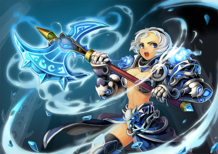 armor aura axe banned_artist blue_eyes breasts cleavage fog medium_breasts midriff open_mouth short_hair smoke solo warcraft weapon white_hair world_of_warcraft xil