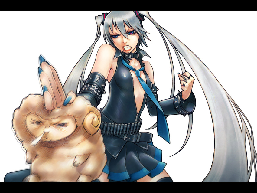 bare_shoulders belt blue_eyes blue_nails bullet chop clenched_teeth collar detached_sleeves grey_hair hagane_miku hagane_vocaloid hanji_(hansi) hatsune_miku letterboxed long_hair motion_blur nail_polish necktie sheep silver_hair skirt sleep_sheep_sheep_shit!_(vocaloid) spikes teeth thighhighs twintails very_long_hair vocaloid zettai_ryouiki