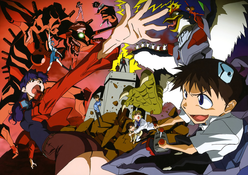 6+girls absurdres akagi_ritsuko ayanami_rei bird black_legwear death decapitation eva_01 fuyutsuki_kouzou highres ibuki_maya ikari_gendou ikari_shinji imaishi_hiroyuki kaji_ryouji katsuragi_misato lightning makinami_mari_illustrious multiple_boys multiple_girls nagisa_kaworu neon_genesis_evangelion pantyhose penguin penpen plugsuit rebuild_of_evangelion scan school_uniform shikinami_asuka_langley souryuu_asuka_langley white_legwear