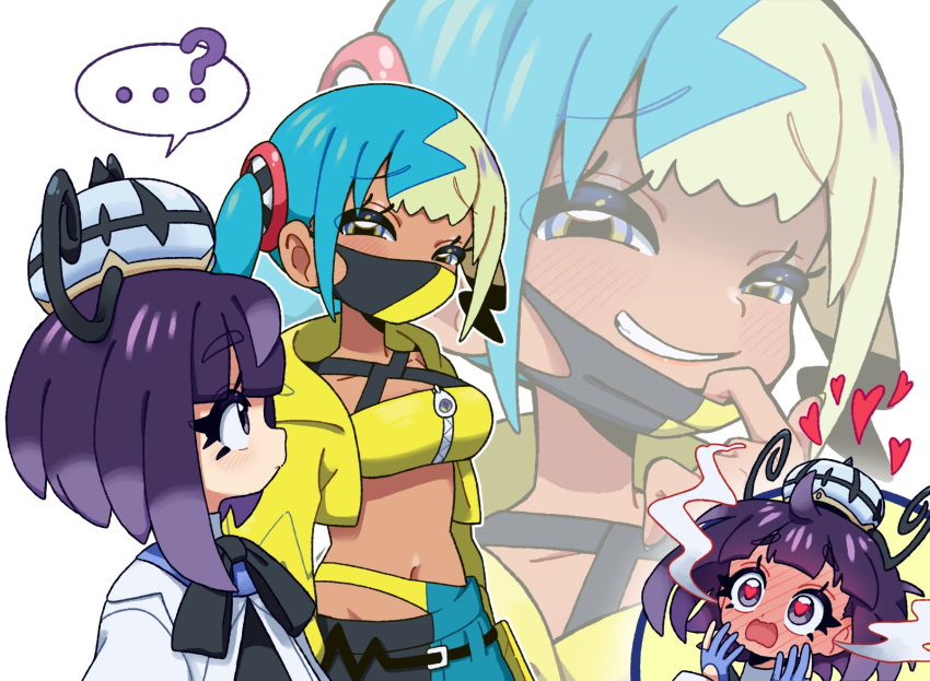 ... 2girls ? aqua_hair bandeau black_dress black_hair black_mask blonde_hair blue_eyes blue_gloves blunt_bangs blush bob_cut breasts canari_(pokemon) coat commentary_request criss-cross_straps dark-skinned_female dark_skin dress giving_up_the_ghost gloves gradient_hair grin gwynn_(pokemon) hat heart heart-shaped_pupils highres jacket kitnoko long_sleeves mask mask_pull mega_stone mouth_mask multicolored_hair multiple_girls navel open_clothes open_coat pants parted_lips partially_fingerless_gloves pokemon pokemon_legends:_z-a purple_eyes purple_hair short_hair short_twintails smile speech_bubble split-color_clothes split-color_hair spoken_ellipsis spoken_question_mark sports_bra symbol-shaped_pupils twintails two-tone_hair two-tone_mask two-tone_pants white_coat yellow_bandeau yellow_jacket yellow_mask yellow_sports_bra