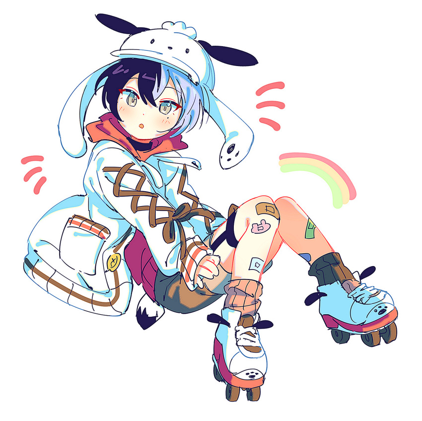 1boy :o aged_down animal_ears aoyagi_touya bandaid bandaid_on_knee bandaid_on_leg black_choker blue_hair brown_shorts cardigan child choker commentary_request dog_ears dog_tail fake_animal_ears grey_eyes hat highres hood hood_down korean_commentary long_sleeves looking_at_viewer male_focus mazi_(w_stm) mole mole_under_eye multicolored_hair notice_lines official_alternate_costume open_cardigan open_clothes pocket project_sekai roller_skates short_hair shorts skates socks solo split-color_hair tail two-tone_hair white_hat