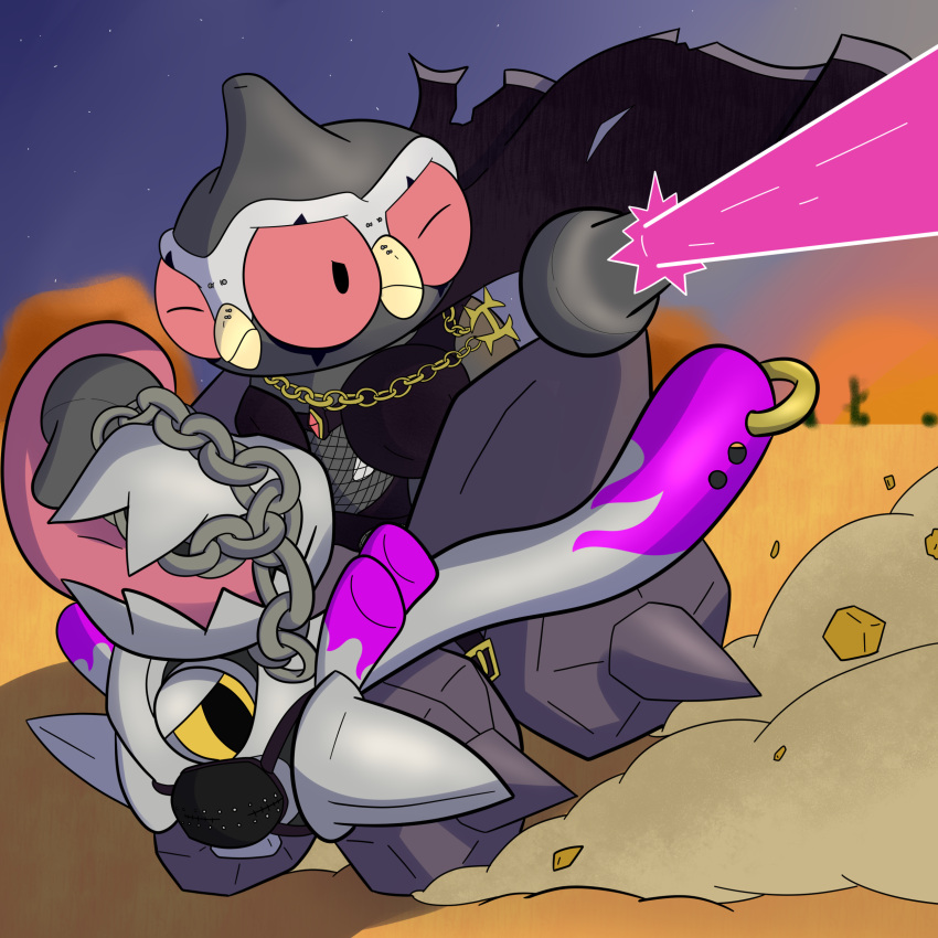 1:1 1_eye absurd_res ambiguous_gender animate_inanimate anoelotl arceus_symbol barbell_piercing bdsm_gear beak beak_piercing belt belt_buckle big_eyes big_tongue biker black_body black_clothing black_eyeliner bondage_gear bridge_piercing buckle cactus cape chain clay_creature claydol clothing covered_mouth debris desert digital_drawing_(artwork) digital_media_(artwork) drifting driving duo eyeliner facial_piercing fishnet_clothing flame_pattern floating_hands flowing_cape furgonomics furry-specific_piercing gem generation_3_pokemon generation_9_pokemon gold_(metal) gold_jewelry gold_necklace gold_ring hi_res jewelry kicking_up_dirt laser living_machine living_vehicle machine makeup mouth_held_open mouth_mask multi_eye necklace nintendo nose_piercing one_eye_closed open_mouth piercing plant pokemon pokemon_(species) red_sclera revavroom riding_on_back sand serious_face shaded shooting_weapon sky spiked_wheel spikes star starry_sky sunset tongue tongue_out torn_cape torn_clothing vehicle yellow_beak yellow_eyes yellow_sclera