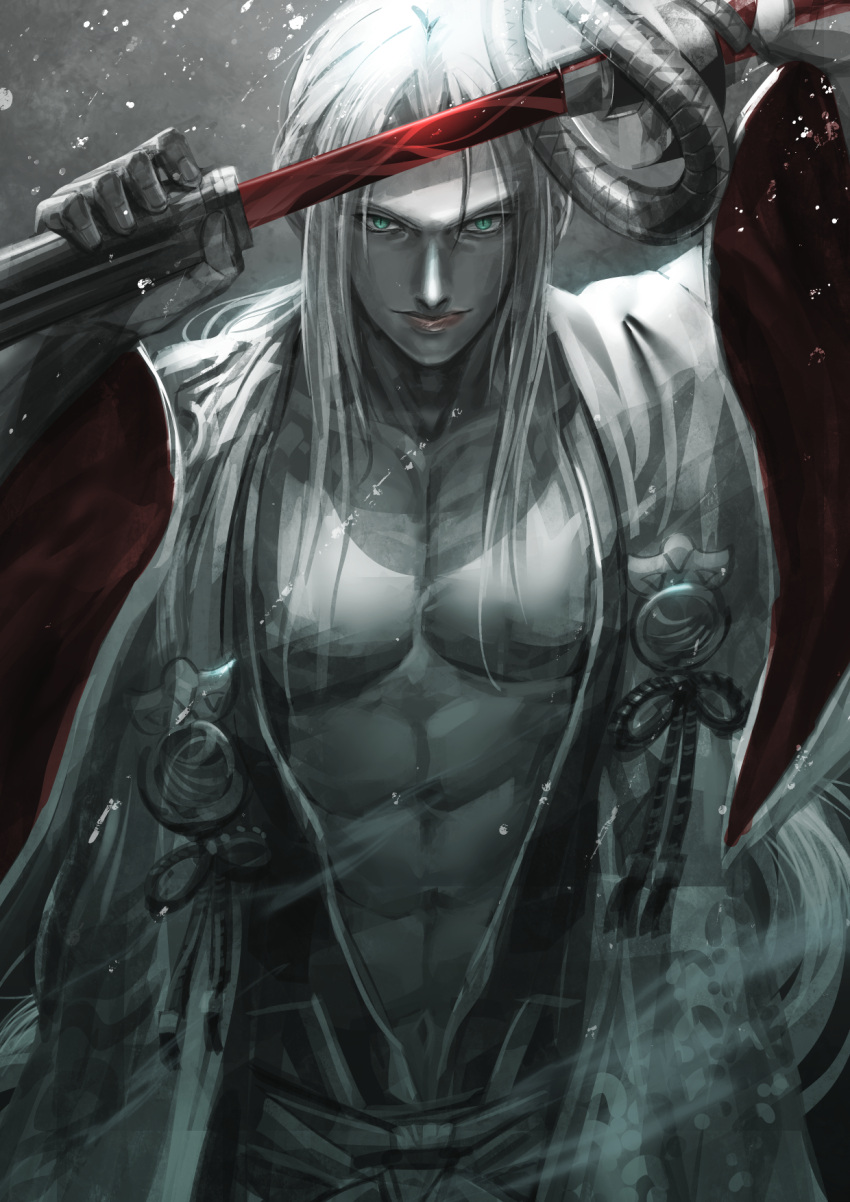 1boy andersonkun765 arms_up bare_pectorals commentary_request final_fantasy final_fantasy_vii final_fantasy_vii:_ever_crisis green_eyes greyscale hair_intakes haori highres holding holding_sword holding_weapon japanese_clothes katana kimono light_smile long_bangs looking_at_viewer male_focus monochrome official_alternate_costume official_alternate_hairstyle open_clothes open_kimono parted_bangs pectorals sephiroth sephiroth_(one_with_the_blade) serious slit_pupils solo spot_color sword upper_body weapon wide_sleeves