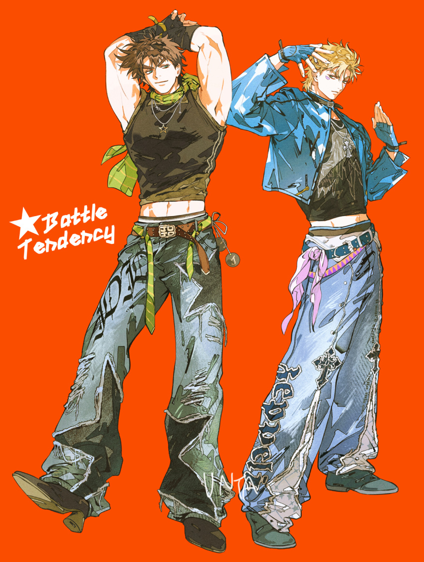 2boys abs arms_up battle_tendency belt black_gloves black_shirt black_shoes blonde_hair blue_eyes blue_gloves blue_jacket brown_hair caesar_anthonio_zeppeli closed_mouth commentary_request copyright_name denim full_body gloves green_scarf grey_shoes highres jacket jeans jewelry jojo_no_kimyou_na_bouken joseph_joestar joseph_joestar_(young) loose_pants male_focus midriff multiple_boys multiple_girls muscular muscular_male necklace open_clothes open_jacket orange_background pants scarf shirt shoes short_hair sideways_glance simple_background sleeveless sleeveless_shirt untabunta