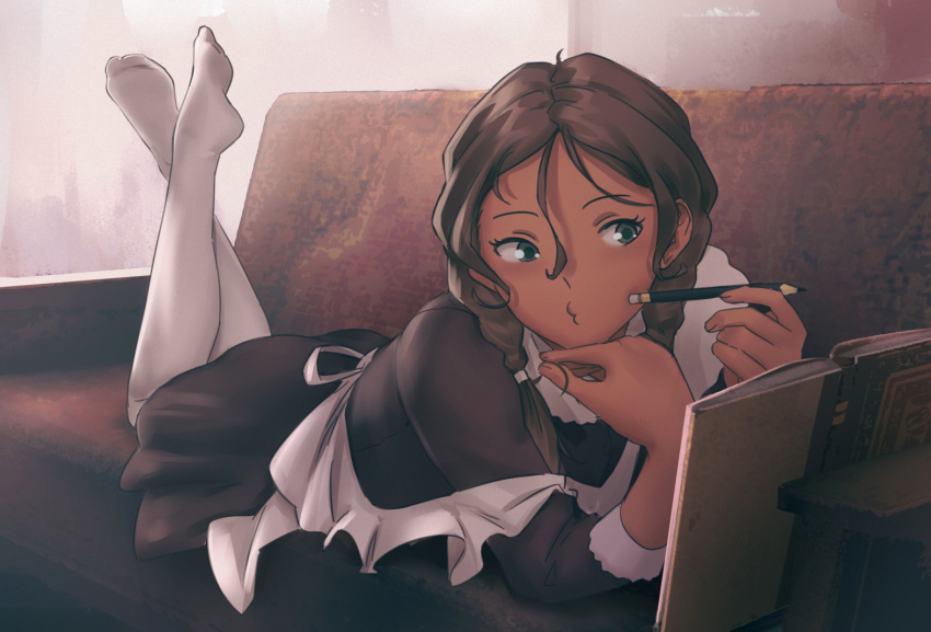 1girl apron black_dress book braid brown_hair commentary couch dress green_eyes holding holding_pencil iskanderednaksi lying on_couch on_stomach original pantyhose pencil reading school_uniform solo soviet soviet_school_uniform twin_braids white_apron white_pantyhose