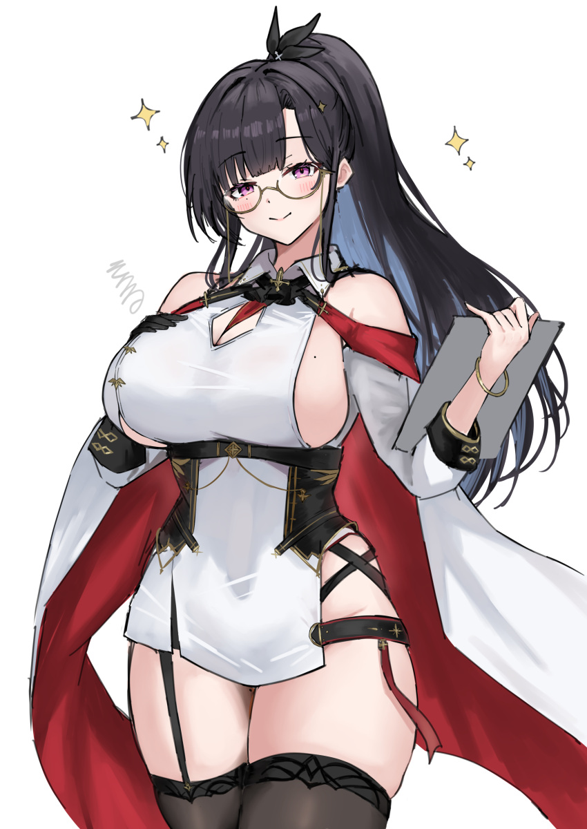 1girl absurdres azur_lane black_garter_straps black_gloves black_hair black_thighhighs blue_hair breasts colored_inner_hair commentary_request cowboy_shot dupleix_(azur_lane) garter_straps gloves high_ponytail highres huge_breasts mole mole_on_breast multicolored_hair ponytail purple_eyes sideboob simple_background single_glove skindentation solo soul_(dp11) thighhighs two-tone_hair white_background